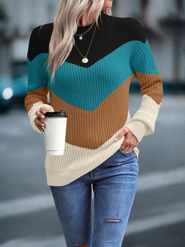 Women's Sweater Pullover Sweater Jumper Casual Soft Color Block Ribbed Crew Neck Knitted Long Sleeve Regular Tops Knit Outdoor Daily Weekend Fuchsia Green Fall Winter 11