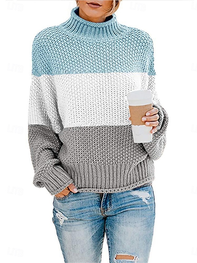 Women's Sweater Pullover Sweater Jumper Casual Soft Striped Ribbed Stand Collar Patchwork Knitted Long Sleeve Regular Tops Knit Outdoor Daily Weekend Black Red Fall Winter 9