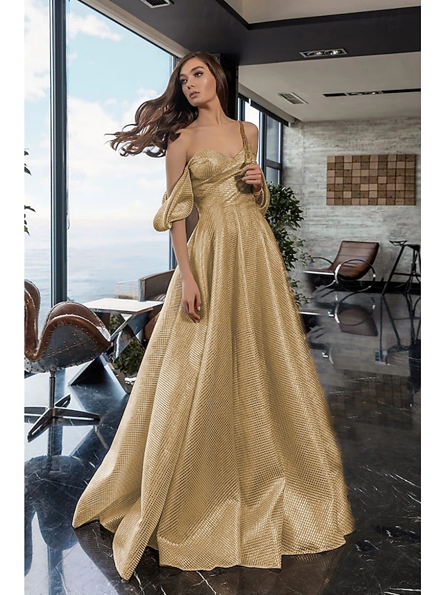  A-Line Evening Gown Elegant Dress Formal Sweep / Brush Train Long Sleeve One Shoulder Pocket Satin with Glitter