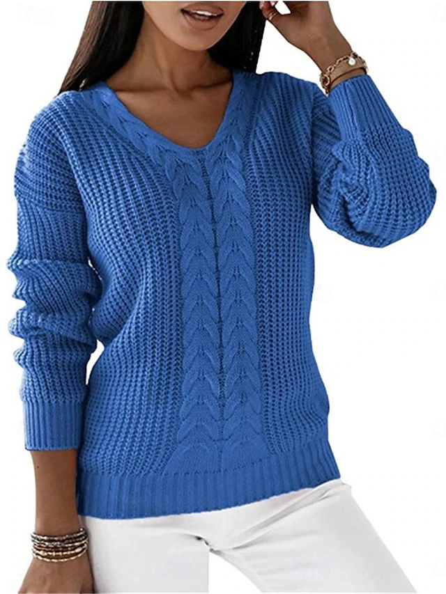 Women's Sweater Pullover Sweater Jumper Casual Soft Pure Color Ribbed V Neck Knitted Long Sleeve Regular Tops Knit Outdoor Daily Weekend White Blue Fall Winter 9