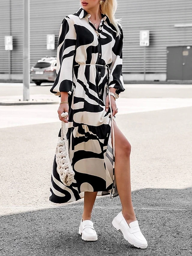 Women's Color Block Shirt Collar Maxi Dress Long Sleeve Spring Fall 9