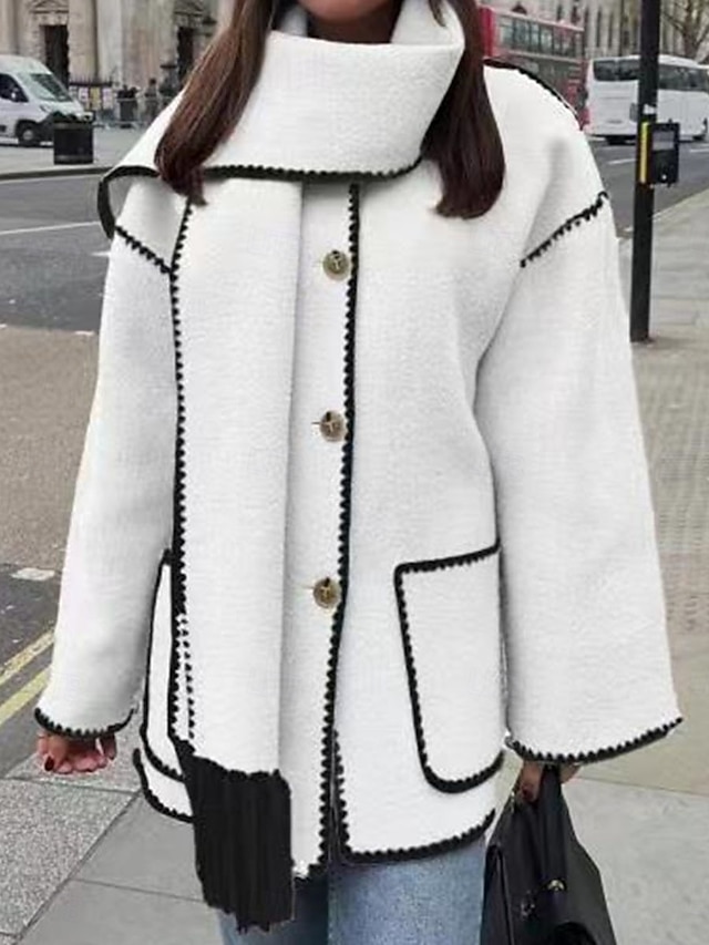  Manteau d'hiver Femme Extérieur Plein Air Usage quotidien mode Décontractées Franges Avec poches Normal Manteau Noir Blanche Kaki Automne Hiver Boutonnage Simple Ras du cou Standard S M L XL