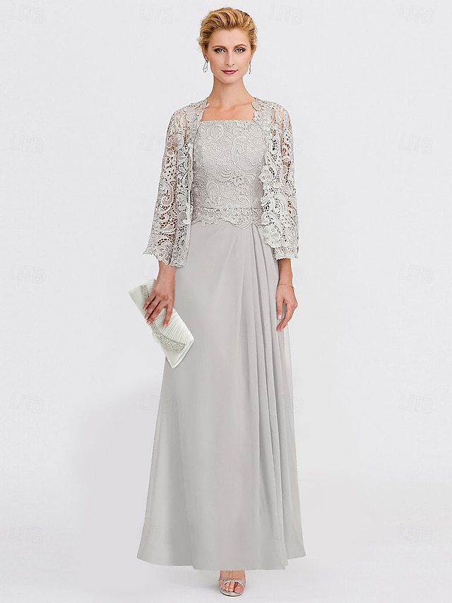  A-Linien-Kleid, Strandhochzeitsanzug, Kleid für die Mutter der Braut, eleganter gerader Ausschnitt, knöchellang, Chiffonspitze, 3/4-Ärmel mit Spitze, seitlich drapiert, einfarbig, 2025
