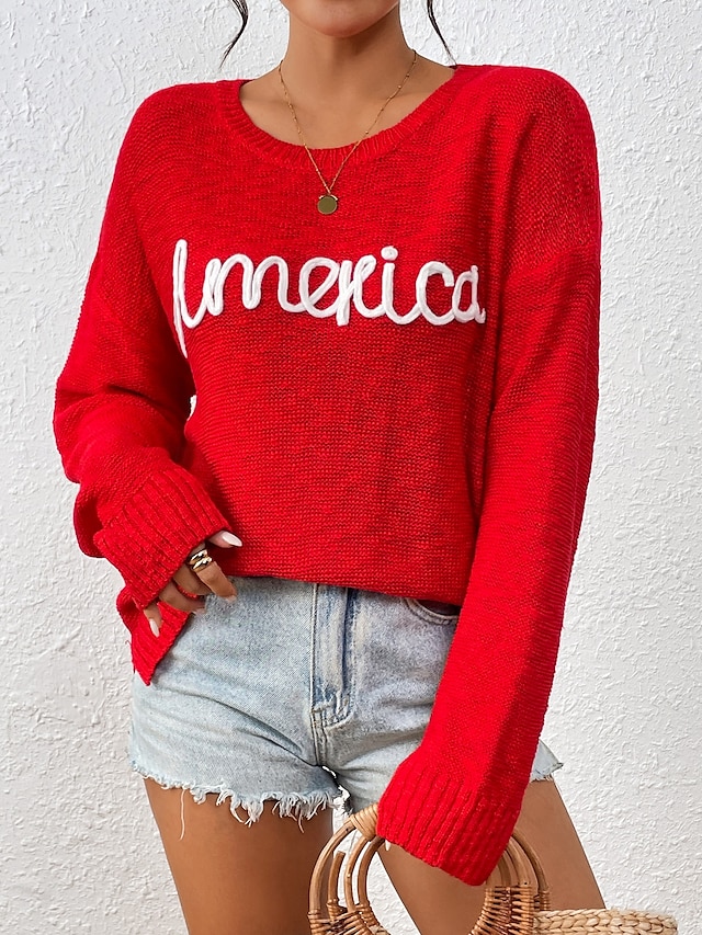 Women's Sweater Pullover Sweater Jumper Crew Neck Ribbed Knit Knitted Fall Winter Outdoor Daily Weekend Casual Soft Long Sleeve Letter White Red 9