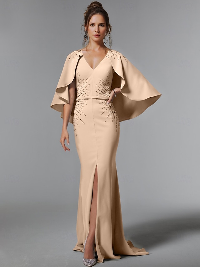  Black Champagne Mermaid Evening Gown Stretch Crepe Glittering Dress Formal Floor Length Sleeveless V Neck Stretch Crepe with Rhinestone Shawl 2025