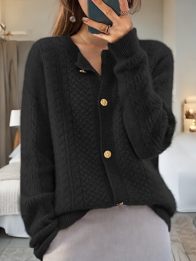 Women's Sweater Cardigan Sweater Jacket V Neck Cable Knit Polyester