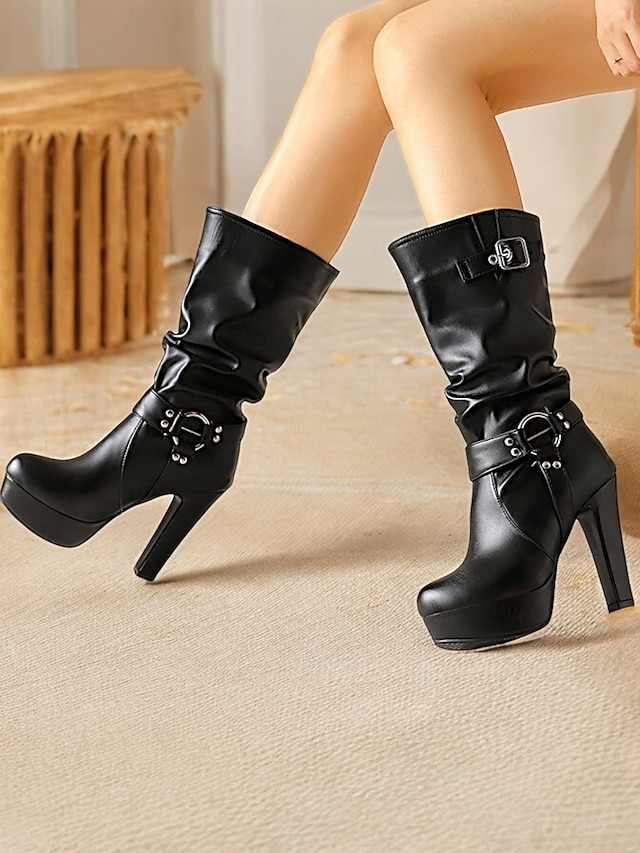  Women's White Knee-High Platform Boots with Buckle Straps and High Heels – Stylish Winter Boots for Bold Fashion Statements