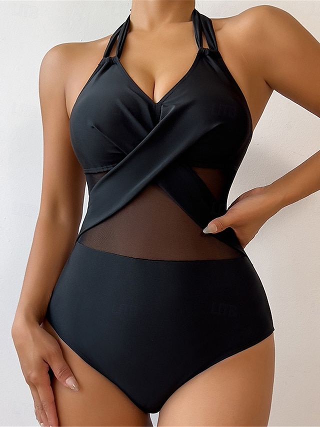  Per donna Costumi da bagno Un pezzo Monokini Costume da bagno Retato Schiena scoperta Fasciante in vita Vita alta Taglia piccola Festività Abbigliamento mare Tinta unica Halter Neck Senza maniche