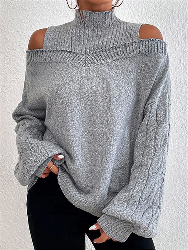 Women's Sweater Pullover Sweater Jumper Casual Soft Pure Color Ribbed Turtleneck Knitted Cold Shoulder Long Sleeve Regular Tops Knit Outdoor Daily Weekend Black Blue Fall Winter4