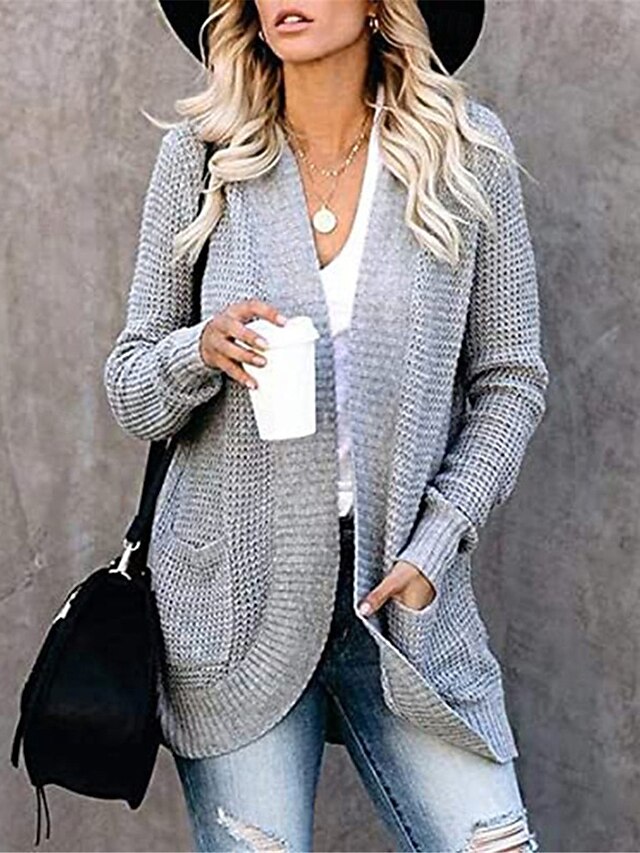 Women's Sweater Cardigan Casual Soft Pure Color Ribbed Open Front Pocket Knitted Long Sleeve Regular Tops Knit Outdoor Daily Weekend Black White Fall Winter 8