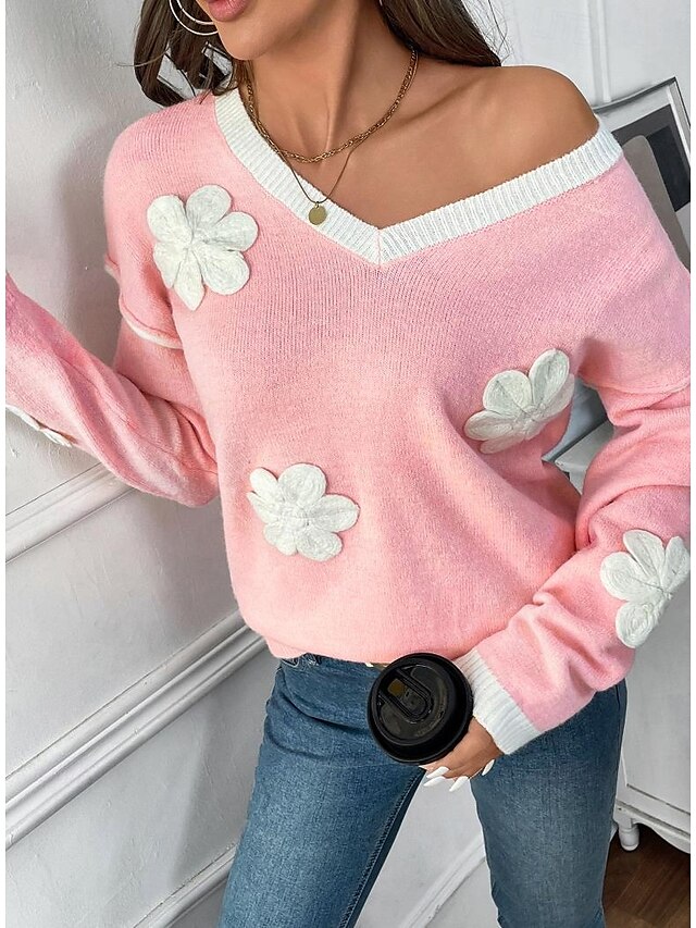 Women's Sweater Crew Neck Knit Embroidery Spring Fall Elegant 3/4 Length Sleeve Solid Color Pink