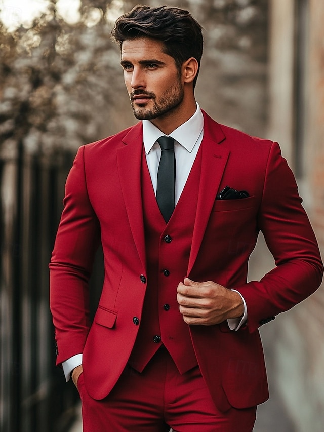  Costumele de nuntă pentru bărbați roșu modă zilnic vară colorate uniforme croi standard 3 piese cu două nasturi