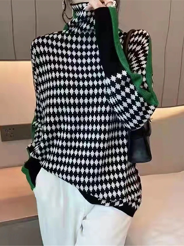 Women's Sweater Pullover Sweater Jumper Casual Soft Plaid Ribbed Turtleneck Knitted Long Sleeve Regular Tops Knit Outdoor Daily Weekend Orange Green Fall Winter4