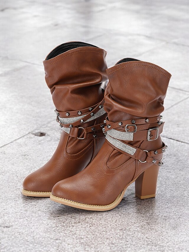 Women's Brown Slouchy Mid-Calf Boots with Studded Straps and Rhinestone Embellishments – High Heel Western Style for Party and Casual Wear 12
