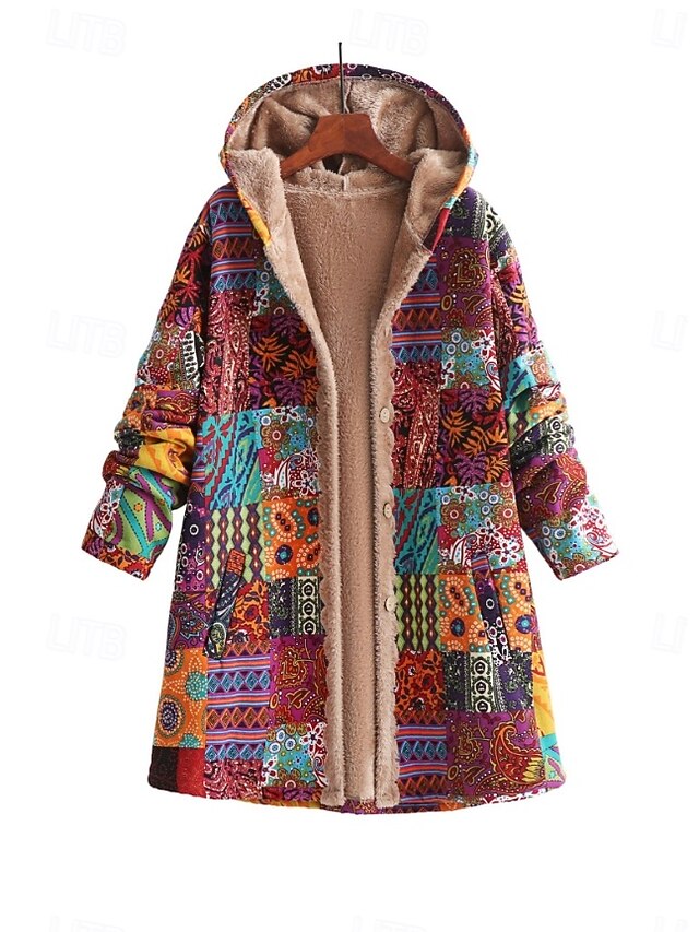 Women's Coat Outdoor Daily Wear Fall Winter Long Coat Loose Fit Thermal Warm Breathable Stylish Casual Jacket Long Sleeve Floral Leaf with Pockets Yellow Pink Blue 8