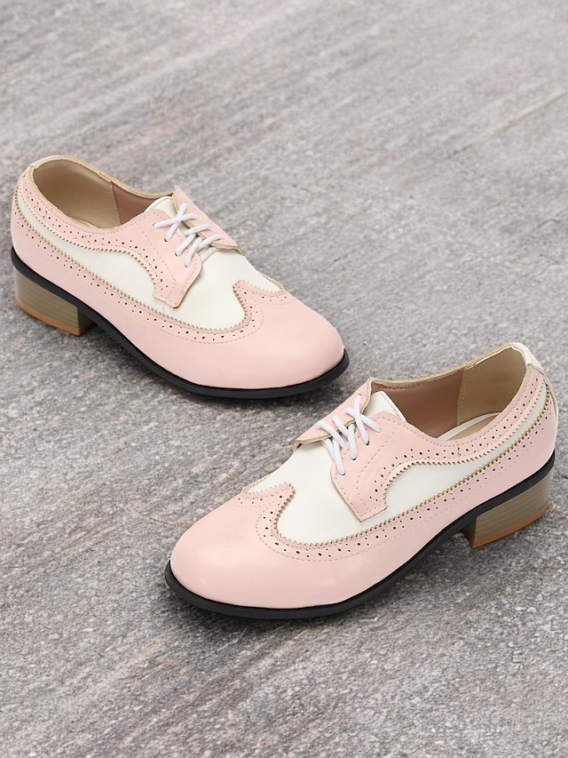  Sapatos oxford vintage femininos de dois tons - brogue rosa e branco com cadarço e salto baixo para um estilo retrô e uso diário