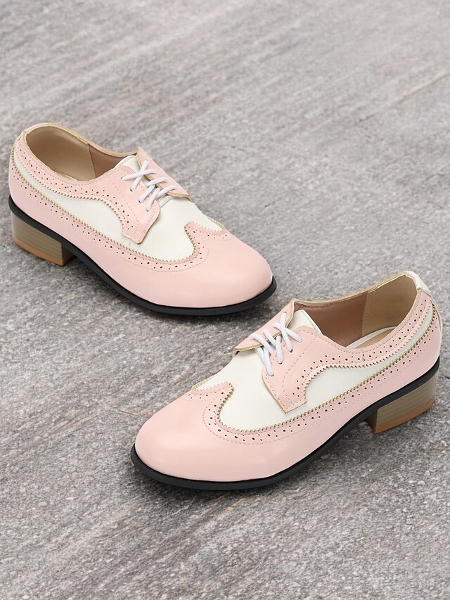 Women's Vintage Two-Tone Oxford Shoes - Pink and White Brogue Lace-Up Low Heel for Retro Style and Everyday Wear 12