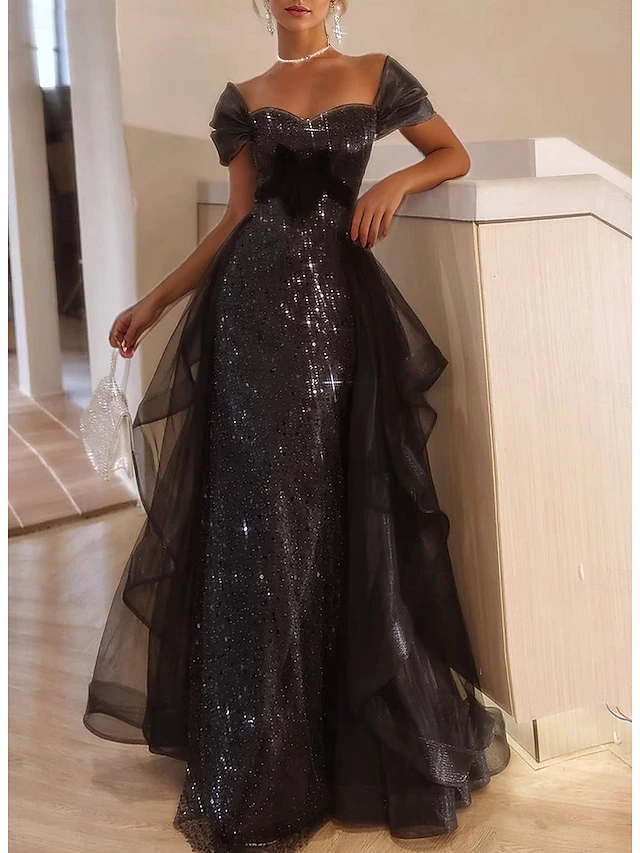 Black Tie A-Line Prom Dresses Vintage Dress Formal Floor Length Short Sleeve Square Neck Tulle with Glitter 5
