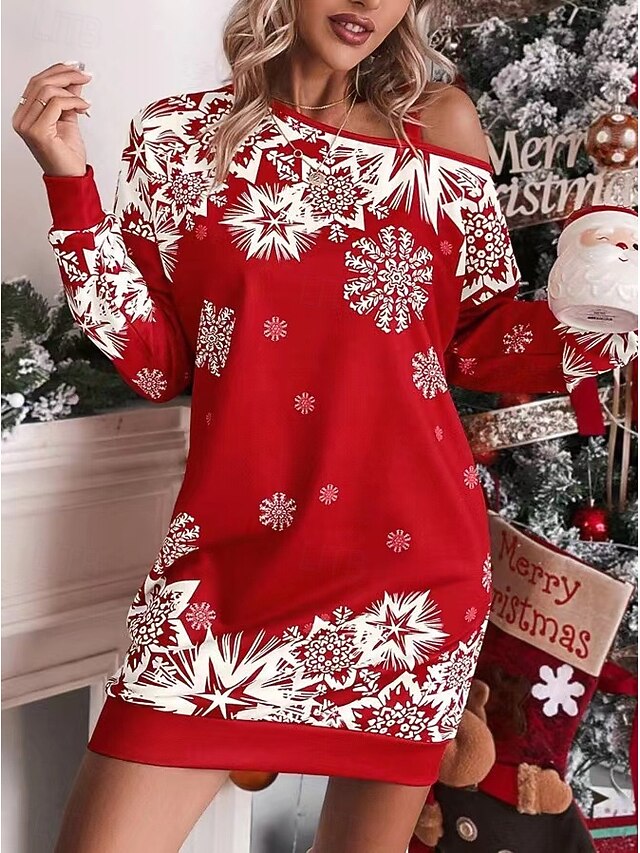  Flocon de Neige Robe Sweat à capuche Femme Noël Nouvel an la veille de Noël Le style mignon Epaules Dénudées Adultes Soirée Noël Robe