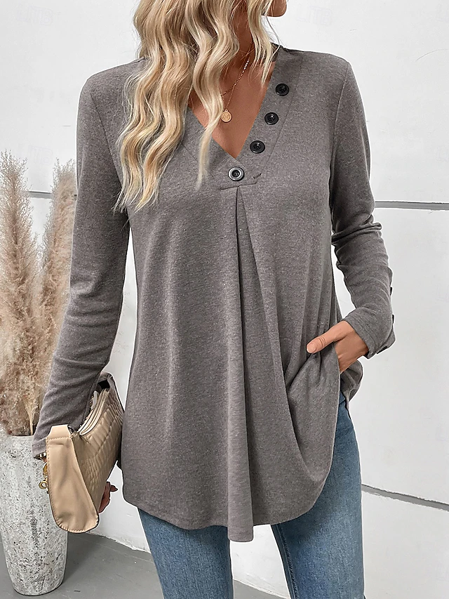 Women's Shirt Solid Color Casual Long Sleeve V Neck Regular Tops Daily Buttons Gray Fall Winter 5