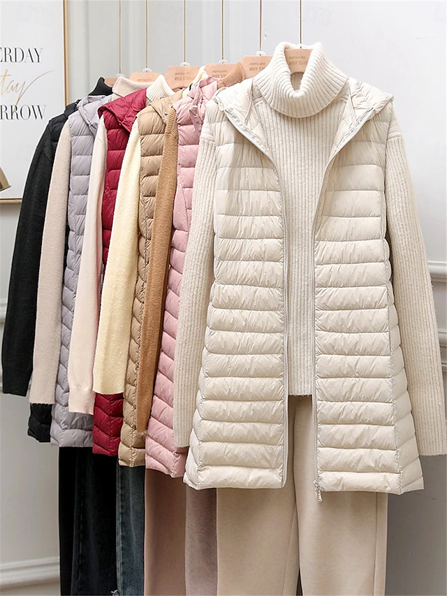 Women's Puffer Vest Warm Breathable Zipper Pocket Casual Plain Vacation Street Daily Wear Going out Zipper Long Hoodie Regular Fit Sleeveless Outerwear Black Pink Beige Fall Winter 12