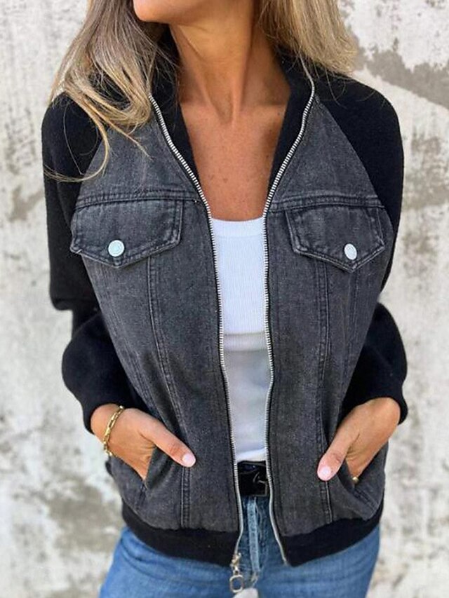 Women's Casual Jacket Textured Jackets Outdoor Street Daily Wear Fall Winter Short Coat Stand Collar Regular Fit Thermal Warm Breathable Stylish Casual Jacket Long Sleeve Color Block Full Zip with4