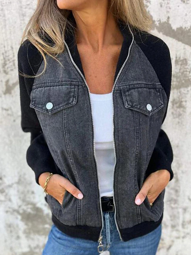 Women's Casual Jacket Textured Jackets Outdoor Street Daily Wear Fall Winter Short Coat Stand Collar Regular Fit Thermal Warm Breathable Stylish Casual Jacket Long Sleeve Color Block Full Zip with4