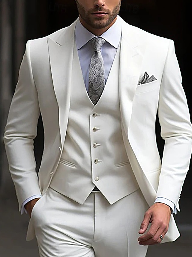  Trajes de fiesta de boda para hombres blanco moda formal verano en color sólido ajuste estándar de 3 piezas de un solo botón y dos botones