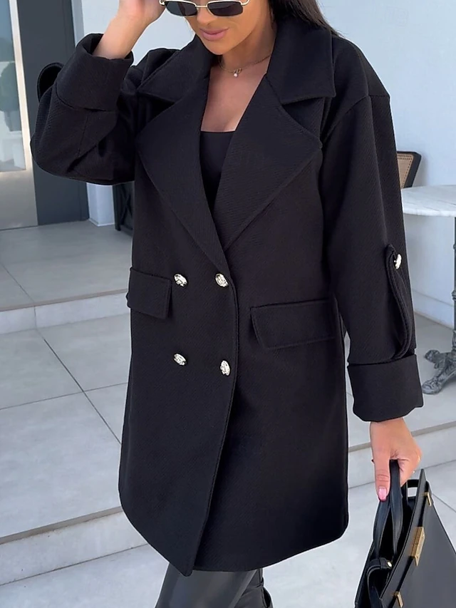 Women's Coat Warm Comfortable Buttons Elegant Solid Color Daily Wear Double Breasted V Neck Regular Fit Long Sleeve Outerwear Black White Green Winter 5