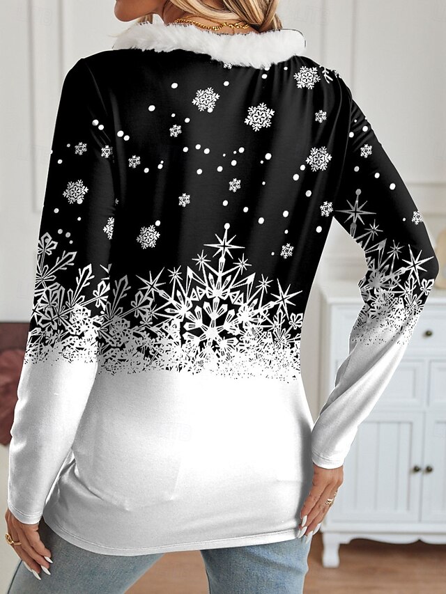 Women's WinterThemed TShirt VNeck Faux Fur Snowflake Print Long