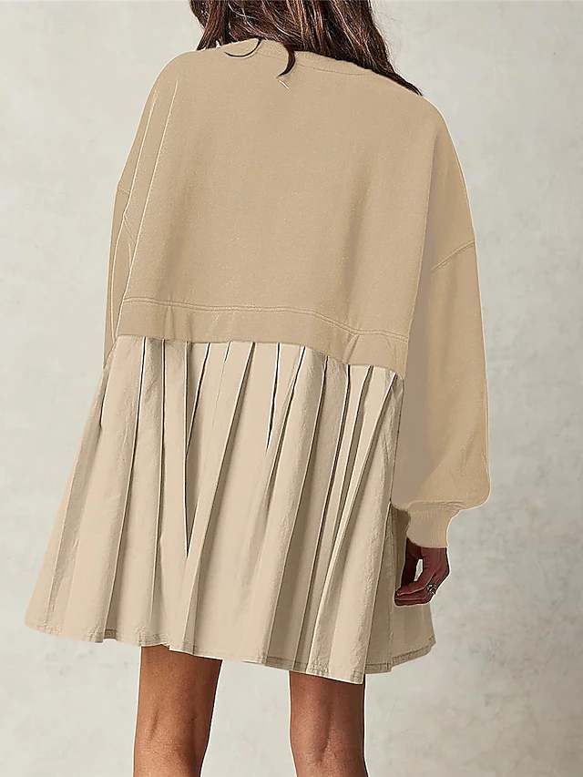 Women's Casual Dress Mini Dress Patchwork Fake two piece Casual Crew Neck Long Sleeve Black Navy Blue Khaki Color 7