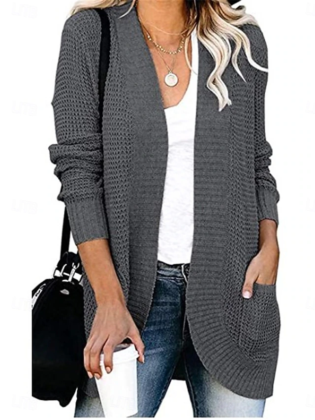 Women's Sweater Cardigan Casual Soft Pure Color Ribbed V Neck Pocket Knitted Long Sleeve Regular Tops Knit Outdoor Daily Weekend Army Green Gray Fall Winter 5