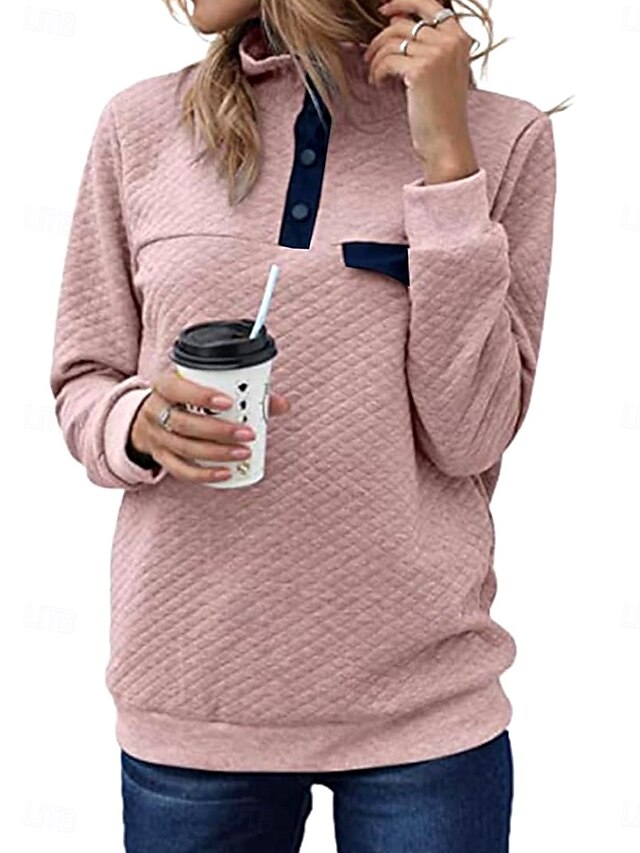 Women's Texture Sweatshirt Waffle Sweatshirt Casual Plain Dailywear Turtleneck Buttons Long Sleeve Black Pink Gray Fall Winter 8