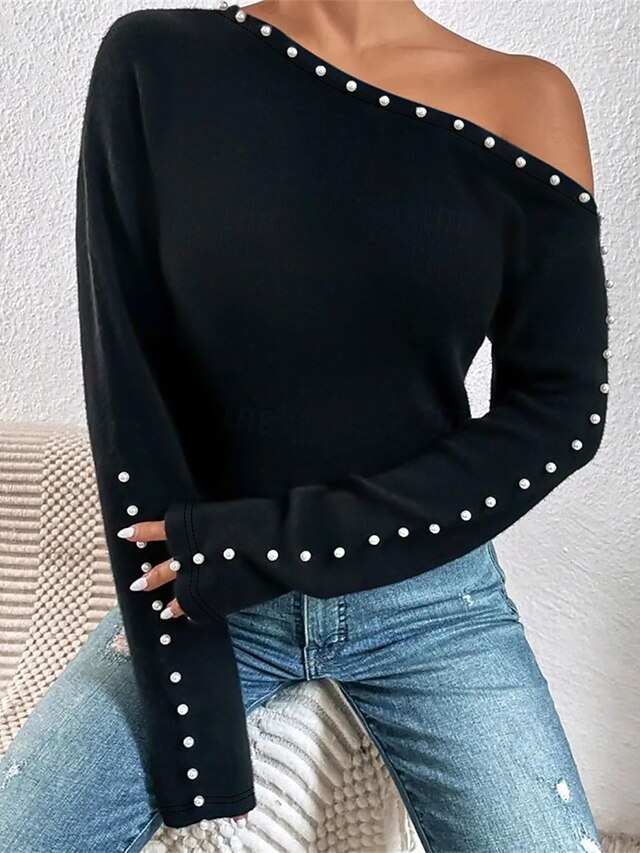 Women's Shirt Blouse Solid Color Basic Casual Long Sleeve Cold Shoulder Regular Tops Daily Beaded Black Fall Winter4