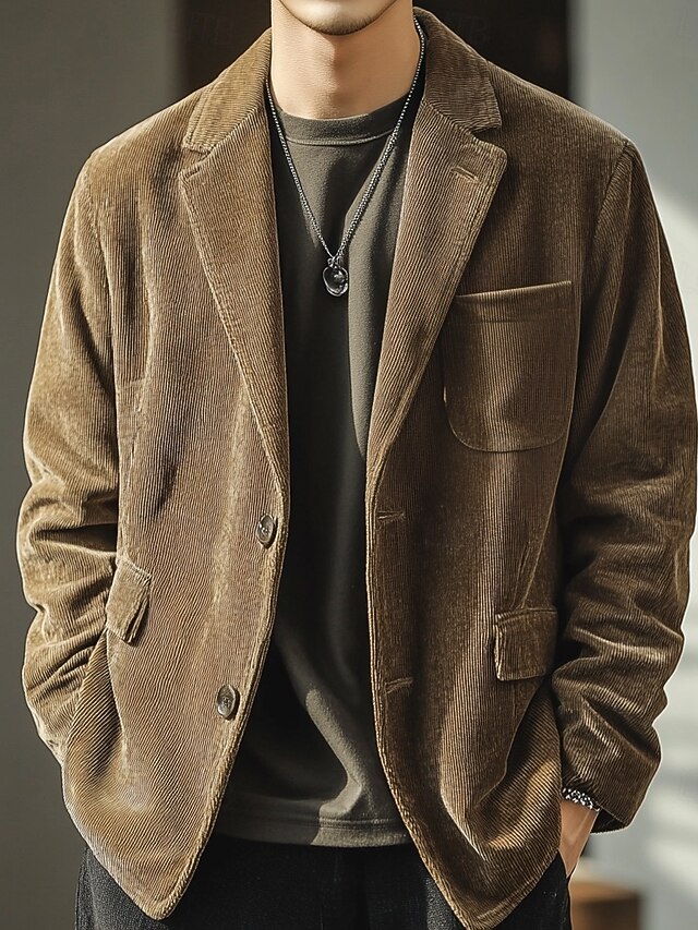 Khaki Men's Corduroy Casual Jacket Blazer Jacket Outdoor Daily Pocket