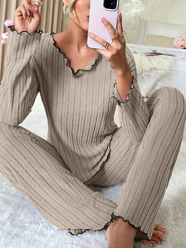  Women's Pajama Set Pure Color Casual Comfort Home Daily Comfort Warm V Neck Long Sleeve T shirt Pant Elastic Waist Fall Winter Home Outfits