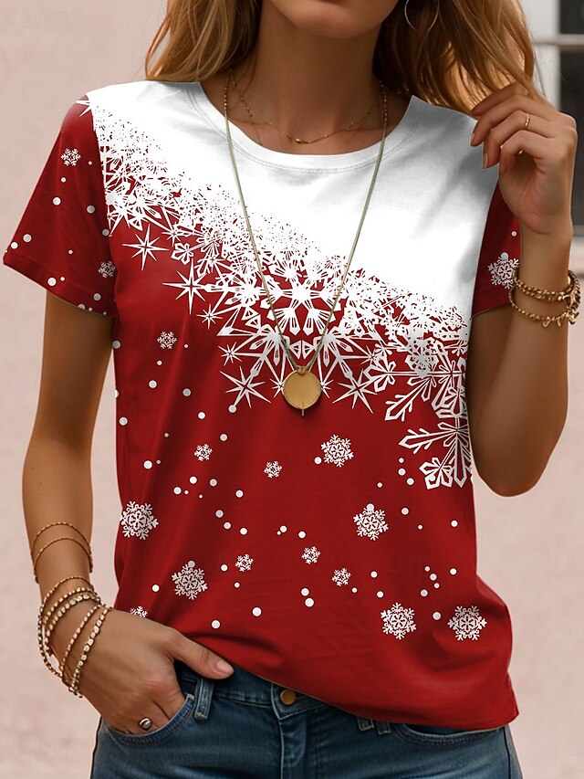 Women's T shirt Snowflake Gradient Print Short Sleeve Round Neck Casual Summer Top Red White Comfort Fit Daily Wear Holiday Fashion4