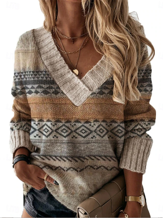 Women's Sweater Pullover Sweater Jumper Vintage Style Casual Soft Geometric Ribbed V Neck Knitted Long Sleeve Regular Tops Knit Outdoor Daily Weekend Khaki Fall Winter 5