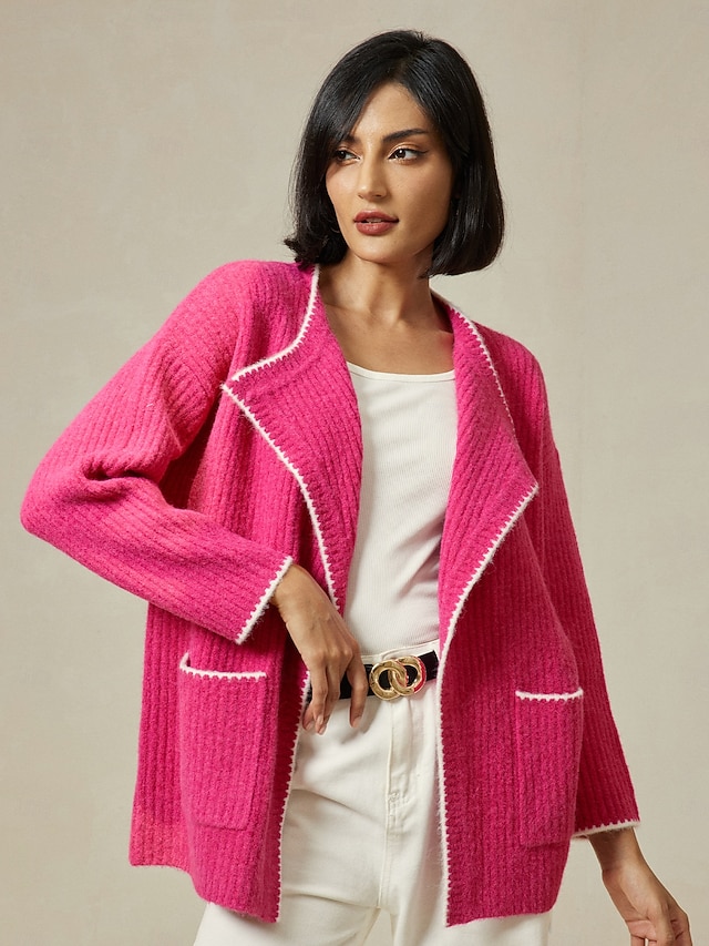  Dam Kofta Nedvikt Ribbad Sticka Ullblandning Färgblock Drop Shoulder Höst vinter Ledigt / vardag Ledigt vardag Långärmad Kontrastfärg Rosenröd S M L