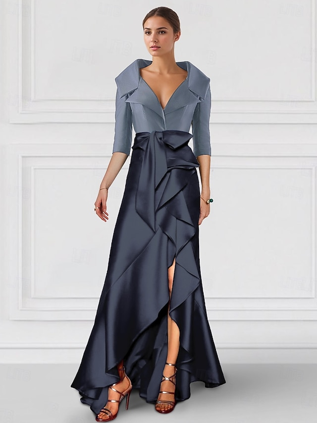  Abito da sera A-Line elegante abito smoking cravatta nera maniche asimmetriche a 3/4 collo a camicia tasca in raso con balze e tasca