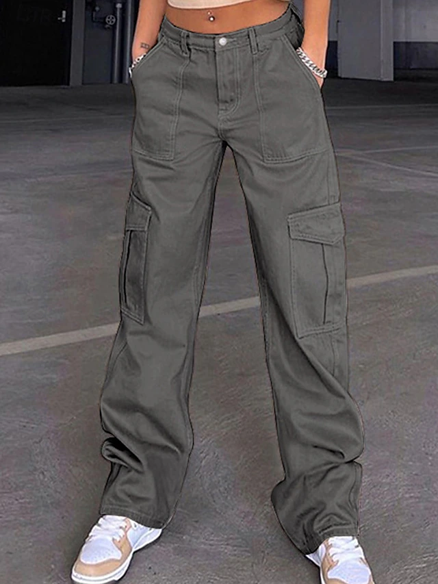 Women's Cargo Pants Fashion Streetwear Full Length High Waist Plain Multi Pocket Comfy Soft Comfortable Micro-elastic Outdoor Street Black Khaki Gray Spring & Fall Regular Fit 8
