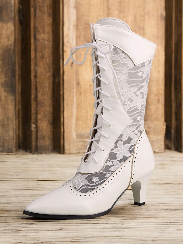 Women's Victorian Black Lace-Up Mid-Calf Boots with Floral Lace Panels – Vintage-Inspired Heeled Boots for Formal and Casual Occasions 12