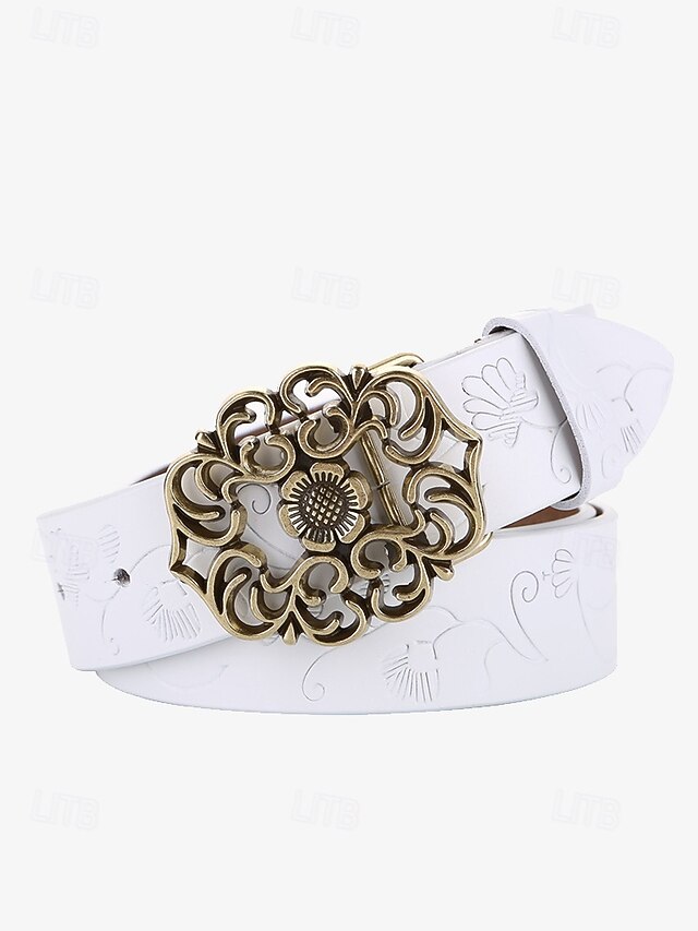  rött läderbälte för kvinnor med vintageblommigt snidat spänne – tillbehör i västerländsk boho-stil