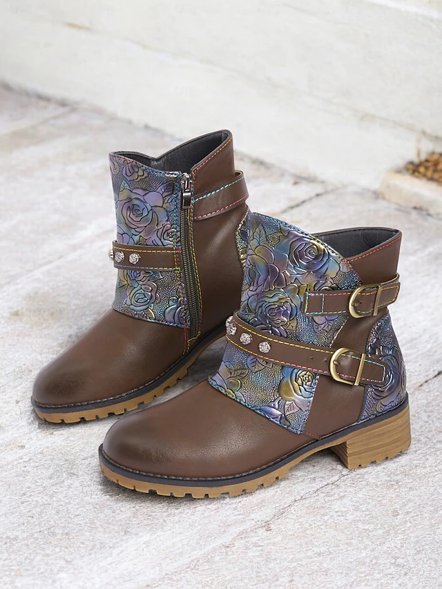 Women's Floral Embossed Ankle Boots – Vintage Buckle Design, Chunky Heel, and Side Zipper for Casual Wear 14