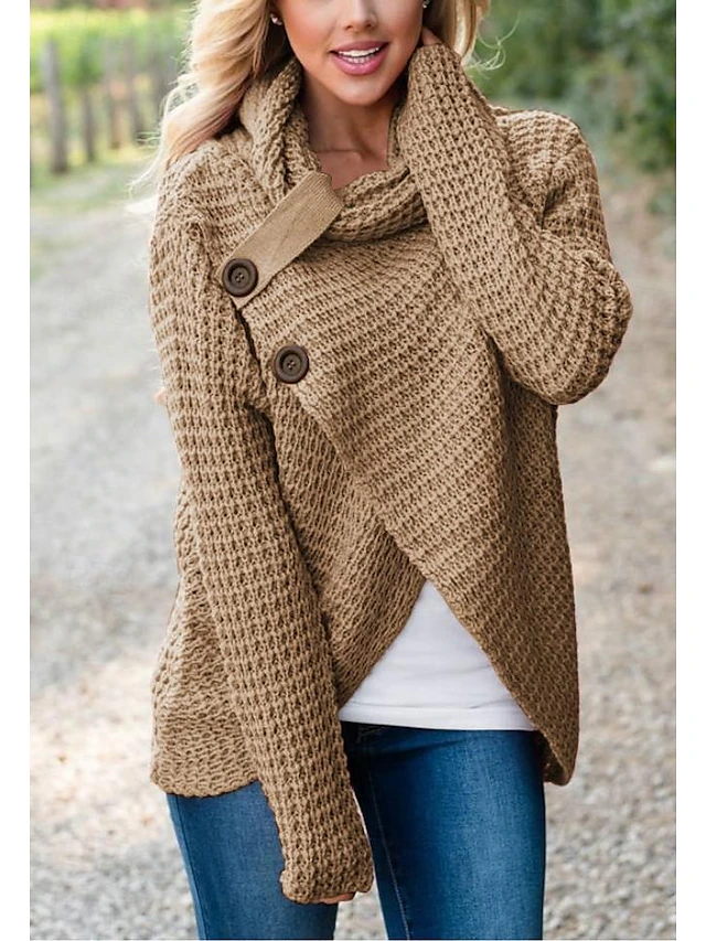 Women's Pullover Sweater Jumper Turtleneck Knit Button Knitted Fall Winter Outdoor New Year Fashion Casual Soft Long Sleeve Solid Color Khaki4