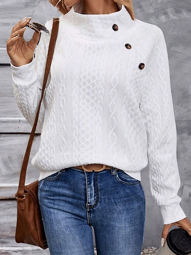 Women's Sweatshirt Casual Textured Plain Street Dailywear Crew Neck Buttons Long Sleeve White Fall Winter 5