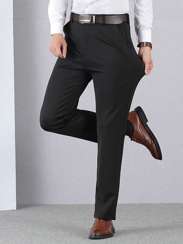  Black Grey Men's Dress Pants Thick Long Solid Color High Elasticity Standard Fit Warm 2024