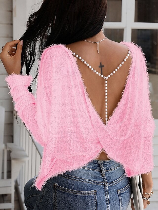 Women's Shirt Blouse Solid Color Casual Long Sleeve Crew Neck Regular Tops Daily Patchwork Pink Fall Winter3