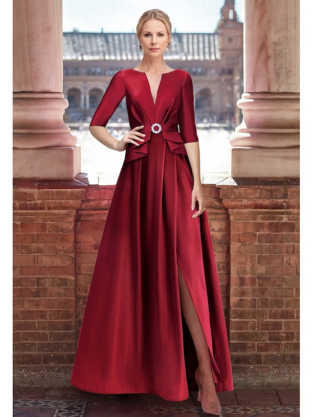  Abito da Sera A-Line Elegante Abito Formale Lunghezza Piante Manica Mezza Collo a V Tasca in Satin con Zirconi 2025