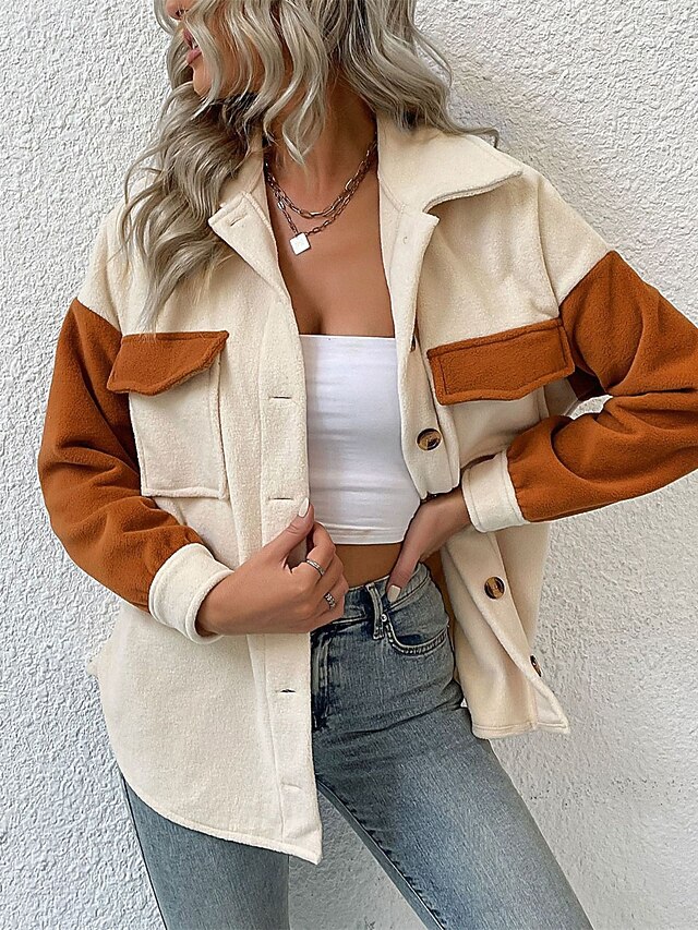 Women's Coat Outdoor Street Daily Wear Fall Winter Regular Coat Regular Fit Thermal Warm Breathable Stylish Casual Jacket Long Sleeve Plain with Pockets Apricot 7